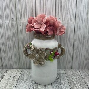 Rustic White Decorative Mason Jar with Burlap Accents